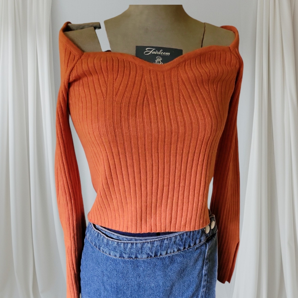 Wild Fable ribbed crop sweater orange off the shoulder Sweetheart Size Small